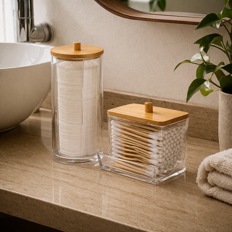 Organizador de Algodão e Cotonetes em Acrílico com Tampa de Bambu – Kit Premium