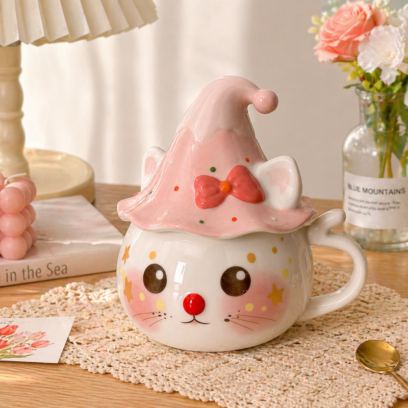 Caneca Gatinha Rosa – 450ml com Tampa de Cerâmica