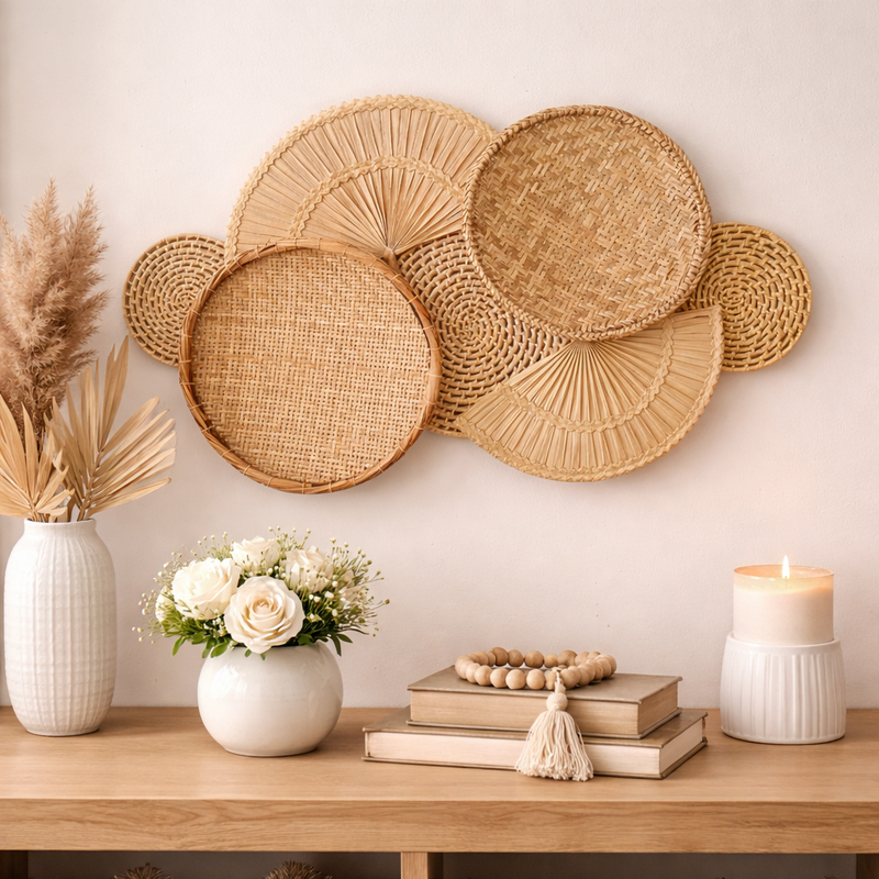 Decoração Parede Boho Composição Cestos de Palha