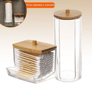 Organizador Algodão E Cotonetes Acrílico Tampa Bambu Kit
