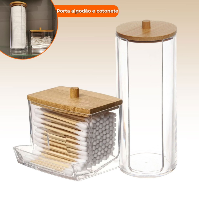 Organizador de Algodão e Cotonetes em Acrílico com Tampa de Bambu – Kit Premium