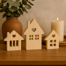 Kit Trio de Casinhas Em Madeira Pinus Decoração Casa Cenário Festa Quarto Mesa Posta