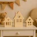 Kit Trio de Casinhas Em Madeira Pinus Decoração Casa Cenário Festa Quarto Mesa Posta