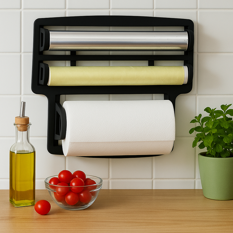 Porta Papel Toalha Triplo Suporte Preto Rolos Para Cozinha 3 em 1