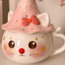 Caneca Gatinha Rosa – 450ml com Tampa de Cerâmica