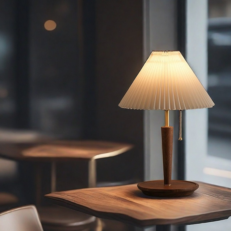 Abajur Luminária De Mesa Nogueira Plissado De Madeira Maciça Cabeceira Quarto Sala Estudo Leitura