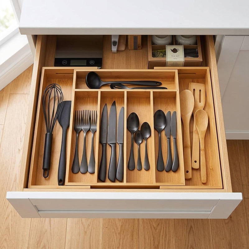 Porta Talheres em Bambu Extensível – 7 Divisórias Ajustáveis