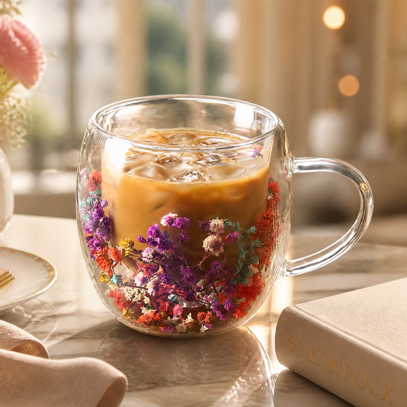 Xícara de Vidro Duplo com Flores Internas 250ml