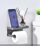 Metal Suporte Porta Papel Higienico Preto e Suporte para Celular Com Adesivo Fixo na Parede Sem Furos ES