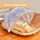 Cesto Porta Pães Bolo Frutas Piquenique Bambu Cobertura Tela Retrátil Retângular